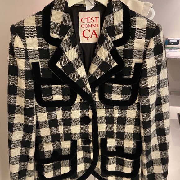Ladies black and white wool checked blazer w/ velvet pipping - Picture 1 of 5